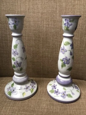 Andrea By Sadek White Purple Floral Ceramic Candlesticks 8 Inches Set Of 2 - Image 1 of 4