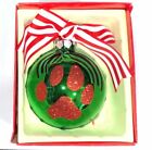 Willow Street DOG PAWS Large GREEN Glass Ball Striped Bow Christmas ORNAMENT NEW