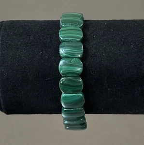 Malachite Bracelet Natural Green Gemstone Rounded Rectangle Beaded Stretch 7 in - Picture 1 of 16
