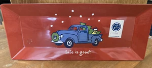 New LIFE IS GOOD  Christmas Dog Truck Red Melamine Serving Tray 19" X 8" NWT - Picture 1 of 2