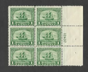 US Scott #548 mint never hinged 1c grn Pl# block of 6, 1920 Pilgrim Tercentenary - Picture 1 of 2