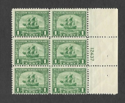 US Scott #548 mint never hinged 1c grn Pl# block of 6, 1920 Pilgrim Tercentenary - Image 1 of 2