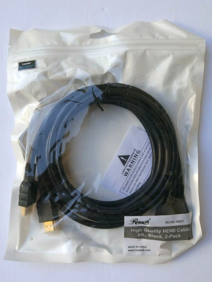 Pkg of 2 Rosewill RCHD-16001 High Quality HDMI Cable 6Ft, Black - Image 1 of 1