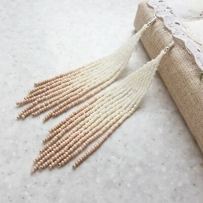 Beige long beaded fringe beadwork earrings, Native chandelier Boho earrings  - Image 1 of 4