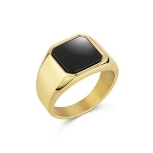 Men's Ring Gold Plated Onyx Black 18 Carat Stainless Steel Waterproof R6215D - Picture 1 of 2