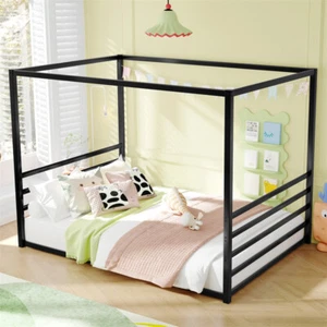 Modern Queen Size Canopy Frame Metal Floor Bed with Guardrails Black - Picture 1 of 6