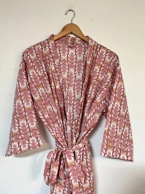 Bata de algodón floral hoja rosa indio kimono largo ropa de dormir traje de noche kimono EE. UU. Foto 1 de 4