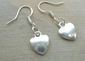 SILVER HEART DROP / DANGLE EARRINGS - Handmade - 925 Sterling Silver Hooks - Picture 1 of 5