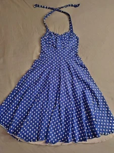 V Fashion 50s Vintage Style Blue Polka Dot Halter  Swing Rockabilly Dress Size M - Picture 1 of 7