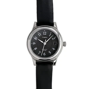 Timex Mens Black Dial Watch Silver Case Date Indiglo 50M WR Black Leather Strap - Picture 1 of 10