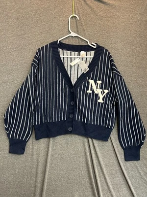 Divided H&M NY Cardigan Sweater Womens Small Blue White Striped Relaxed Acrylic - Image 1 of 4