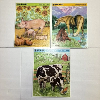 Bandeja con marco Rainbow Works 1992 de colección 3 rompecabezas caballo potro cerdo lechones vaca ternero EE. UU. Foto 1 de 4