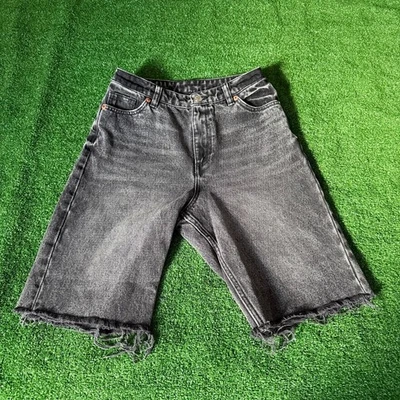 Monki Grunge Style Black Washed Denim Bermuda Jean Shorts Raw Hem Unisex Size 26 - Image 1 of 4