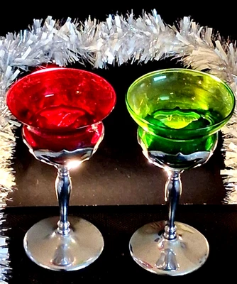 2 HOLIDAY 1940's Ruby RED GREEN Cambridge Farberware Cocktail Liquor Deco Chrome - Image 1 of 4