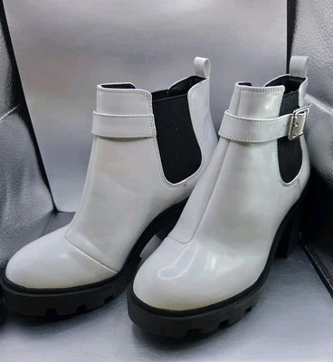 Mix No 6 Womens 6m Ankle Boots White Shiny Faux Leather Chunky Heel Wet Look - Image 1 of 4