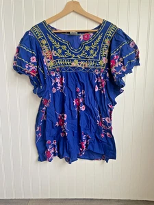 Schwester Mary Patsy Top Damen XL Blumen Boho Hippie Kurzarm bestickt - Bild 1 von 7