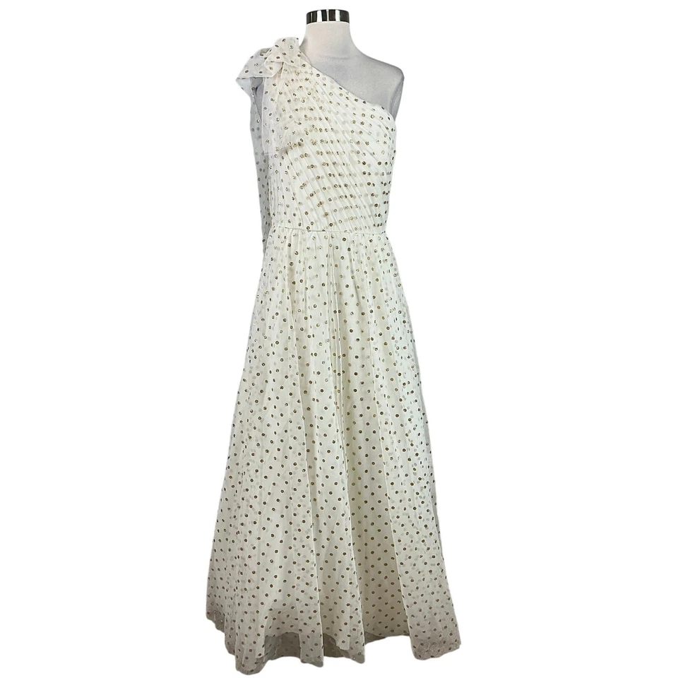 Vestido formal para mujer Eliza J talla 12 blanco metálico a lunares vestido de un hombro Foto 1 de 4