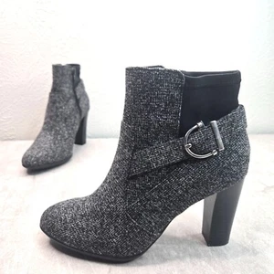 K&K High Block Heel Ankle Boots Size 6 Gray Black Old Money Dressy Buckle Bootie - Picture 1 of 12
