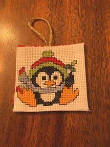 completed cross stitch Christmas penguin ornament gift card holder - Picture 1 of 2