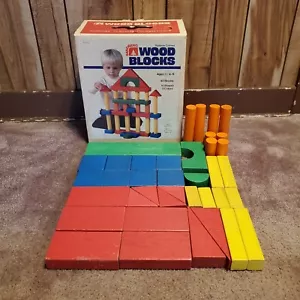 Vintage 1980's Sandberg Rainbow Colored Wood Blocks 38 Blocks with Box - Picture 1 of 14