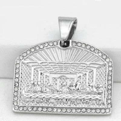 NEW Gift Men CZ Stainless Steel Silver Last Supper Jesus Charm Pendant + Box - Image 1 of 2