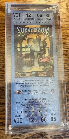 Superbowl XXXIII Replica Ticket in Lucite Case. Broncos Defeat Falcons '98 MINT Cover