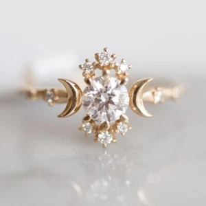 Wandering Star & Moon In 14K Yellow Gold Plated Sparkling Round Moissanite Ring