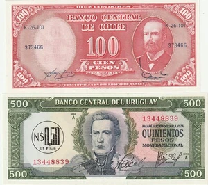 South American Pair Chile & Uruguay Banknotes Uncirculated Condition - Picture 1 of 2