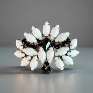 VTG Milk Glass Pin Brooch White & Black Navette Rhinestone Brooch Mid Century - Picture 1 of 5