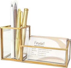 Gold Glass Business Card Holder & Pen Organizer for Desk - Picture 1 of 8