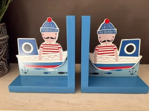 Gisela Graham Pirate Nautical Wooden Bookends Childrens Bedroom Decor Blue - Picture 1 of 4