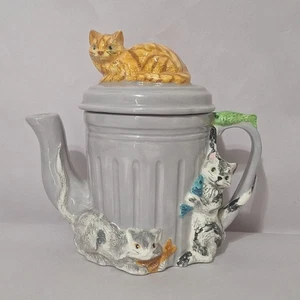 Vintage Multiple Cats And Fish Trash Can Glazed Teapot With Lid 6.5" Signed - Picture 1 of 17