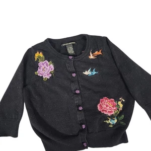Lucky Brand Girls Black Embroidered Floral Bird Cardigan Sweater Size S 7/8 - Picture 1 of 6