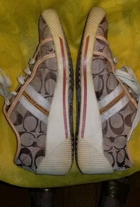 Coach Womens Sneakers Size 7.5 Khaki Canvas Tan Gold Stripes Casual Folly - Picture 1 of 7
