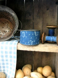Small Antique Tin Cup 1890s Blue Calico Sleeve - Picture 1 of 9