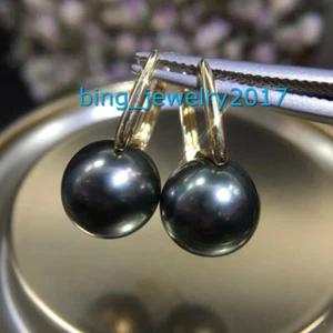 AAA+ 10-11mm echte natürliche Südsee schwarze runde Perlen Ohrringe 18k Gelbgold - Bild 1 von 7