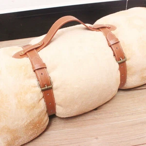 Faux Leather Picnic Blanket Straps Carry Handles Vintage Travel Rug Roll Up Rope - Picture 1 of 7