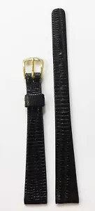VINTAGE 11MM BLACK GENUINE LIZARD LEATHER STRAP BAND GOLD TONE BUCKLE NOS - Picture 1 of 7