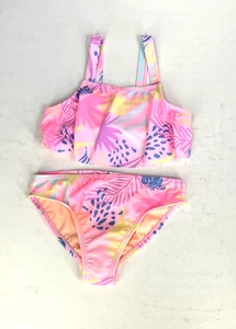 Wonder Nation Girl Small Pink Tropical Print 2-Piece Flounce Bikini Swimsuit - Picture 1 of 7