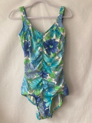 Vintage 80's Tropical Escape Women's 12 Blue Green Floral Swimsuit One Piece - Image 1 of 4