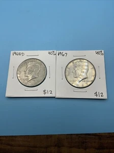 1967 & 1968 D Kennedy Half Dollars 40% Silver - Picture 1 of 2