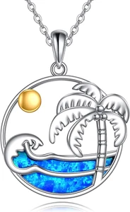 Palm Tree & Wave Necklace Sterling Silver Pendant Beach Jewelry Gifts for Women - Picture 1 of 6