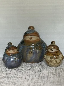 3 Ceramic Pottery Snowmen Blue Glazed Jolly Round Snow Person Winter Figurine - Picture 1 of 9