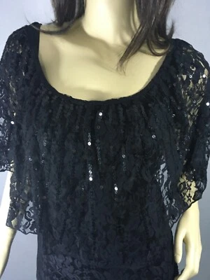 Black lace evening top with sequins on shawl ruffle, S (# 7483) - Image 1 of 4
