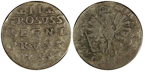 German States PRUSSIA Friedrich II Silver 1755 E 2 Groscher KM# A279 (719) - Picture 1 of 3