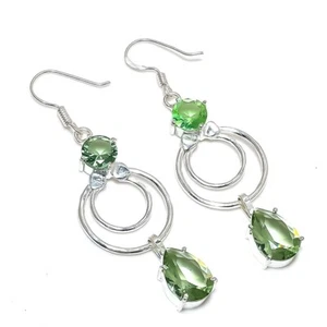 Green Amethyst Gemstone Handmade 925 Sterling silver Earring Size 2'' - Picture 1 of 1