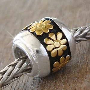 STERLING SILVER 0.925 CHARM BEAD SPACER BARREL GOLDEN FLOWERS & BLACK - Picture 1 of 4
