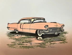 H Hargrove 12x16 Canvas 1956 Cadillac Coupe DeVille Mountain Laurel White Walls - Picture 1 of 13