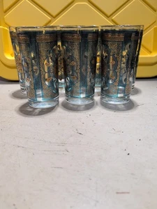 MCM Atomic Sunburst Medallion Glass Tumblers Turquoise Gold 22K Hiball Set Of 7 - Photo 1/3