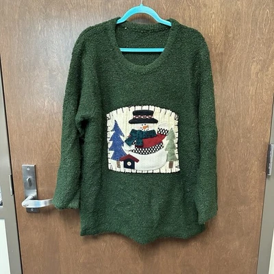 Suéter navideño tejido difuso vintage L/XL? Acogedor muñeco de nieve Hunter verde chenilla  Foto 1 de 4